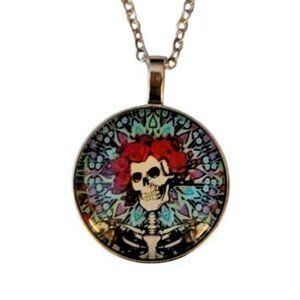 Grateful Dead Skull & Roses Cabochon Necklace Silver Stainless Steel Chain NWOT